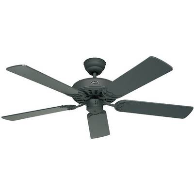 Stropní ventilátor s pěti tmavými, obdélníkovými listy a centrálním, zaoblenným tělem v moderním designu.
