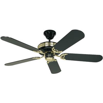 Černý stropní ventilátor s pěti lopatkami a zlatým zdobením.