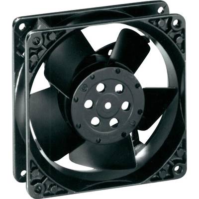 Černý počítačový ventilátor s čtvercovým rámečkem a několika lopatkami, zobrazený z čelního pohledu.