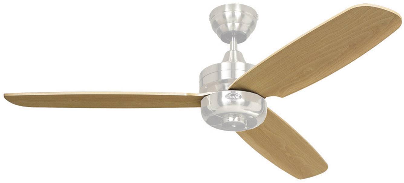 Moderní stropní ventilátor se třemi dřevěnými listy a stříbrnou kovovým podstavcem, vhodný pro obytné i kancelářské prostory.
