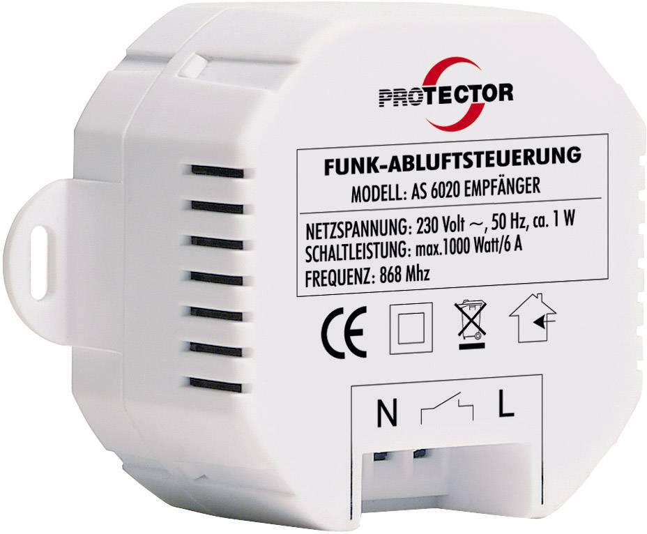 Přijímač pro bezdrátové ovládání ventilačních systémů. Model: AS 6020. Síťové napětí: 230 V, 50 Hz. Spínací výkon: max. 1000 W. Frekvence: 868 MHz.