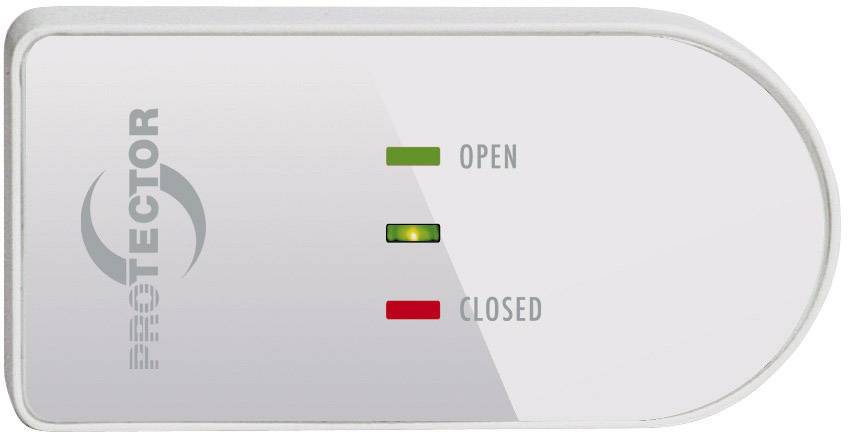 Elektronické zařízení se třemi světly: zelené 'OTEVŘENO', žluté, červené 'ZAVŘENO'. Označení 'PROTECTOR' na levé straně.