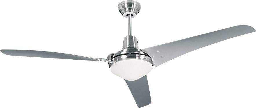 Stropní ventilátor se třemi stříbrnými listy a centrálním osvětlovacím prvkem, zavěšený na krátké tyči.