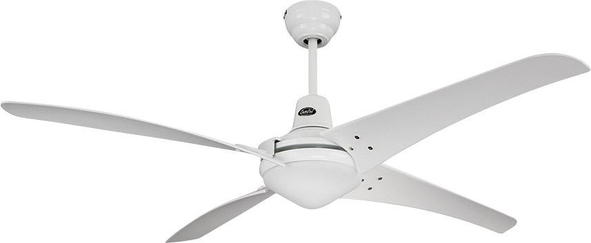 Stropní ventilátor se čtyřmi bílými lopatkami namontovaný na bílém stropě.