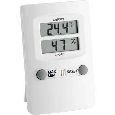 Digitální teploměr ukazuje 24,4°C a 47% vlhkosti vzduchu. Dva tlačítka pod displejem jsou označena 'MAX MIN' a 'RESET'.
