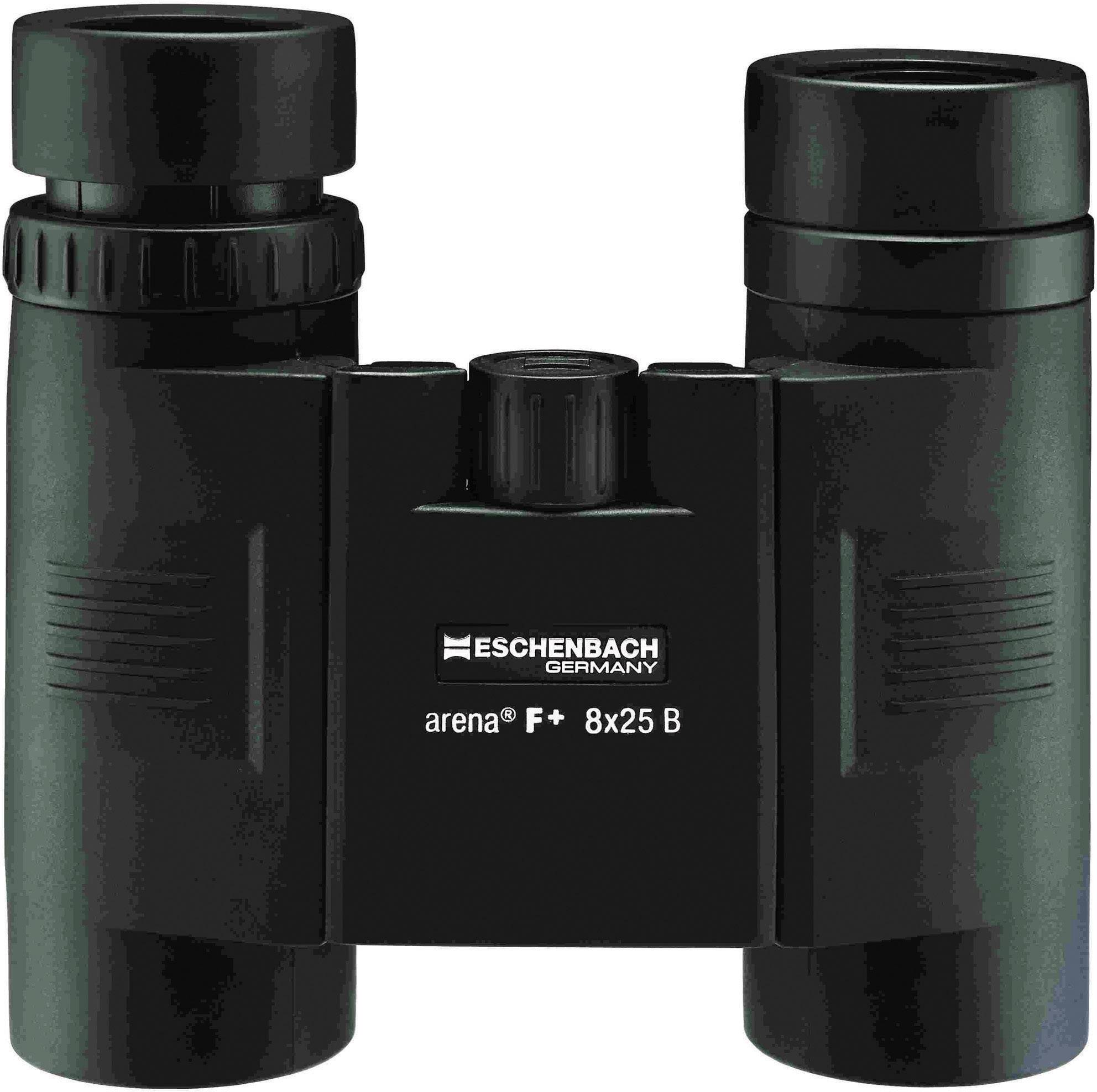 Dalekohled Eschenbach Optik, model 'arena F+ 8x25 B', černý, s protiskluzovým pouzdrem, kompaktní a snadno ovladatelný pro venkovní použití.