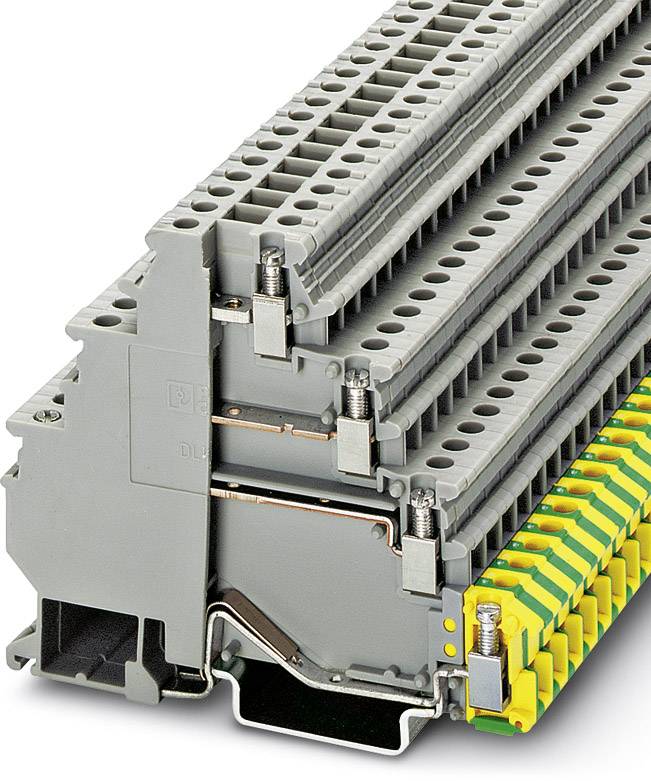 Šedé řadové svorky se žluto-zelenou uzemňovací svorkou, navrstvené přes sebe, určené pro elektrické propojení a uzemnění v rozvaděčích.