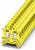 Žlutý řadový svorkovnicový blok s vícenásobnými možnostmi připojení a stabilní montáží na lištu. Ideální pro elektrické instalace.