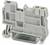 Šedý elektrický svorkovnicový blok s kovovým podstavcem pro upevnění na lištu, používaný v elektrických obvodech.