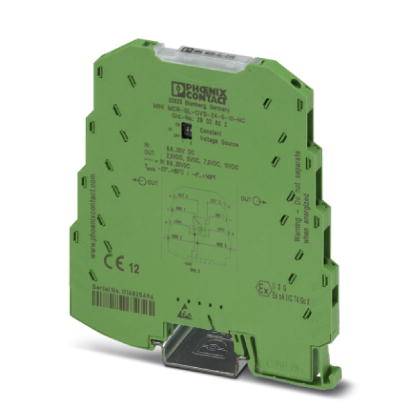 Zelená elektronická komponenta od Phoenix Contact, typ MCR-S-UI-UI-DCI, s různými technickými štítky a CE certifikací.