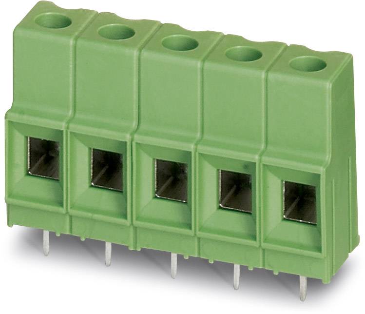 Zelený pětikolíkový konektor pro montáž na desku plošných spojů s jmenovitým proudem 8 A a napětím 250 V.