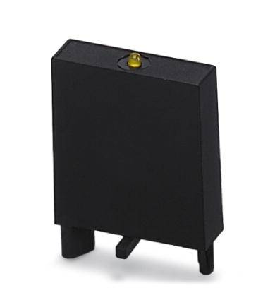 Černý čtvercový elektronický prvek se dvěma kovovými kolíky a žlutou LED diodou nahoře.