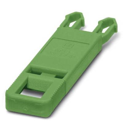 Zelený plastový konektor obdélníkového tvaru se dvěma rovnoběžnými rameny se používá k elektrickému propojení.
