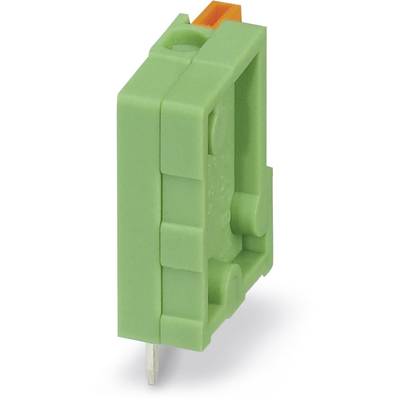 Zelený konektor s kovovou kontaktní špičkou a oranžovou páčkou na horní straně, určený pro elektrické aplikace.