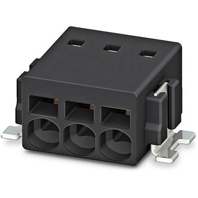 Černá elektrická zástrčka se třemi čtvercovými zdířkami a bočním kovovým držákem, určená pro připojení kabelů.