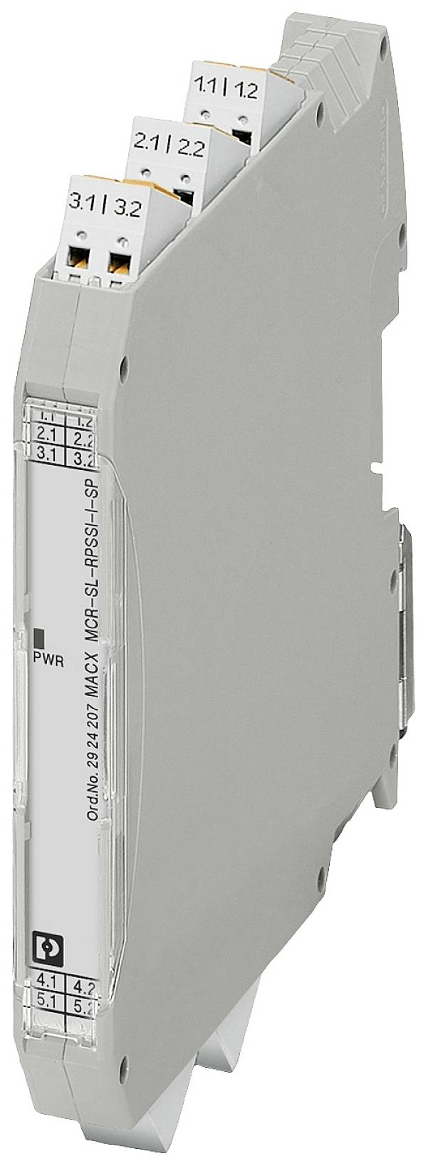 Šedé, úzké elektronické zařízení s bočními konektory a popisy pro různá elektrická připojení.