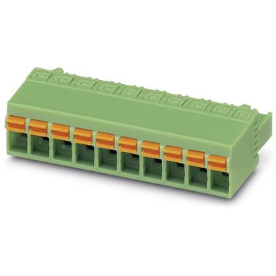 Zelená svorkovnice s deseti svorkami a oranžovými stiskacími tlačítky, určená pro propojení elektrických vodičů v elektronických zařízeních.