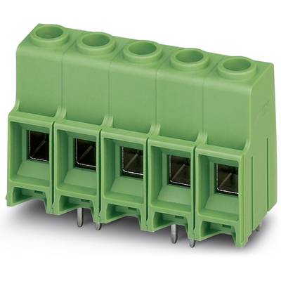 Zelený rozvodný blok s pěti připojovacími svorkami, vhodný pro elektrické spoje na tištěných spojích, zobrazující spodní kolíkové kontakty.