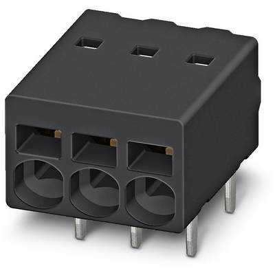 Černý pravoúhlý konektor se třemi kulatými otvory a čtyřmi stříbrnými kovovými kolíky pod nimi, vhodný pro elektrické propojení.