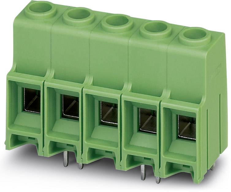 Zelený konektor s pěti zdířkami a kovovými kolíky pod nimi, vhodný pro propojení elektrických vodičů.