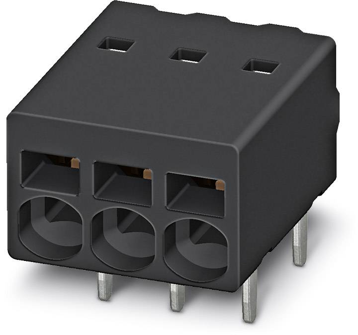 Černý obdélníkový konektor s pěti kovovými kolíky, vhodný pro elektronické propojení na tištěných spojích.