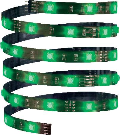 Flexibilní LED světelná lišta, znázorněná ve zkroucené podobě, s fialovými a průsvitnými úseky.