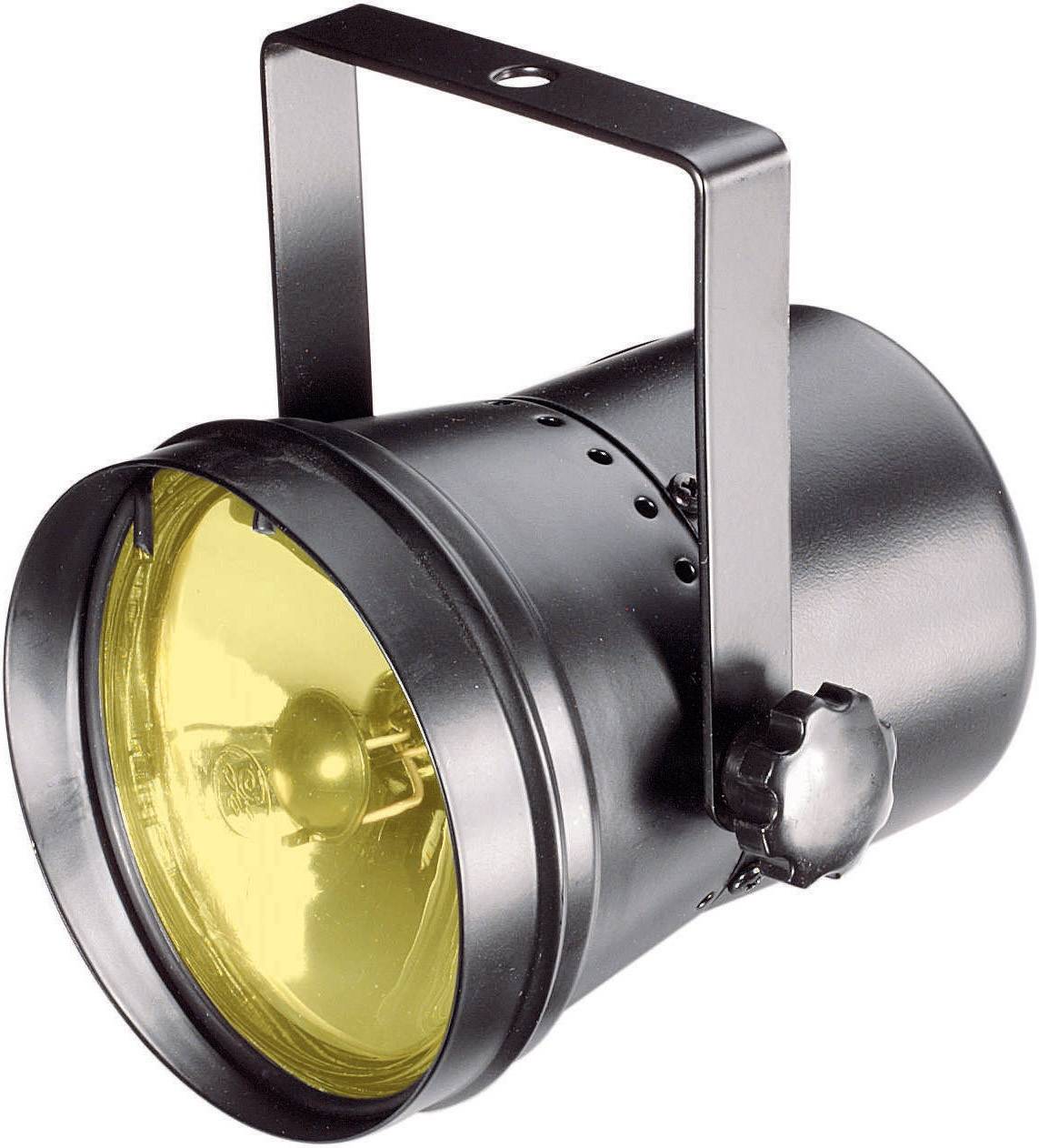 Černý divadelní reflektor se žlutým sklem, určený pro osvětlení jeviště.