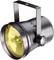 Černý divadelní reflektor se žlutým sklem, určený pro osvětlení jeviště.