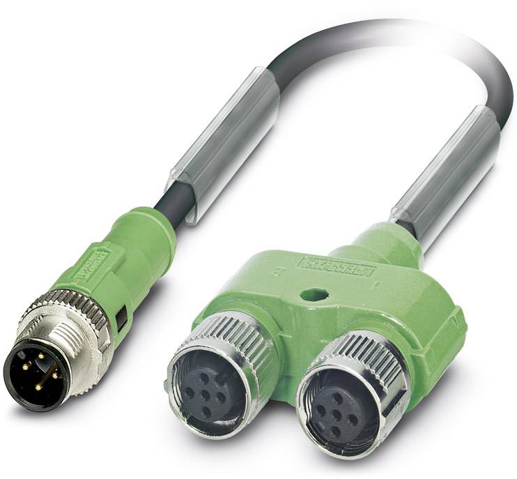 Zelený Y-kabel s konektorem na jedné straně a dvěma zásuvkami na straně druhé, určený pro průmyslové aplikace.