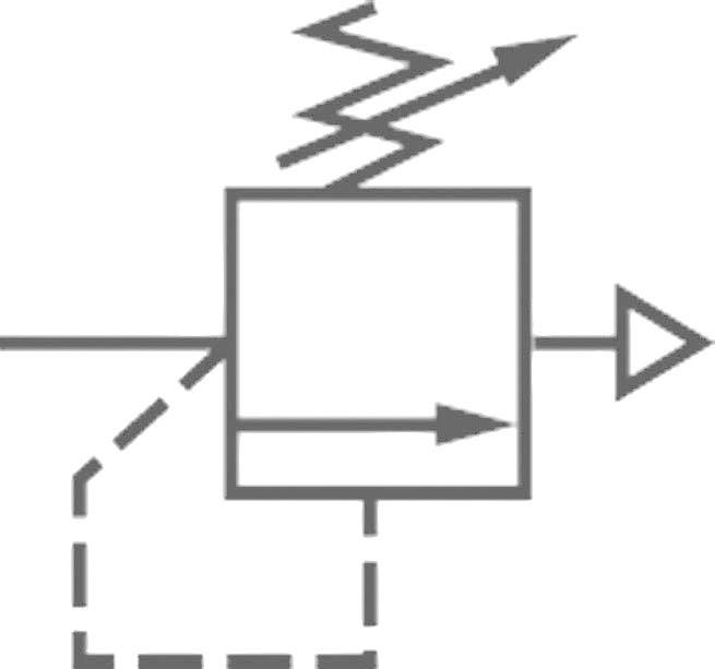 Symbol zobrazuje hydraulický zpětný ventil s obtokovou cestou a ochranou před přetlakem, znázorněný ve schematickém nákresu.