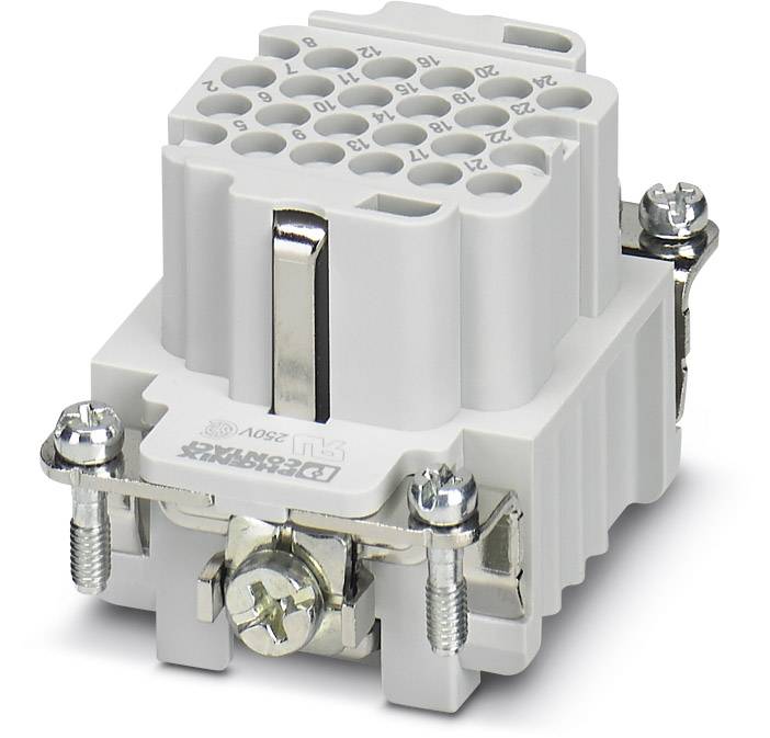 Šedý elektrický konektor s několika připojovacími otvory a šrouby pro upevnění, vhodný pro průmyslové aplikace.
