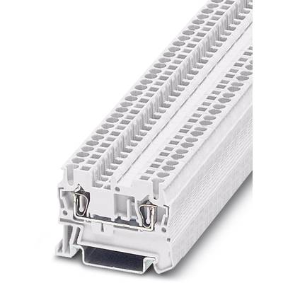 Bílý plastový řadový svorkovnicový blok s kovovými kontakty, vhodný pro průmyslové elektroinstalace.