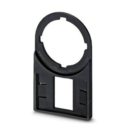Černý plastový držák s kruhovým výřezem nahoře, obdélníkovým otvorem dole, pravděpodobně pro montážní účely.