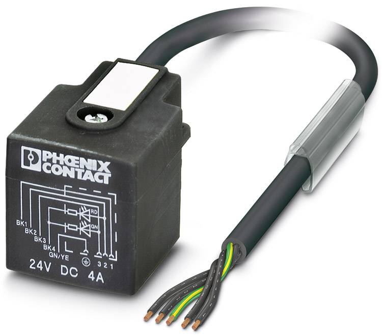 Relé od Phoenix Contact, 24V DC, 4A. Černý plastový kryt s kabelovými přípoji. Diagram na krytu.