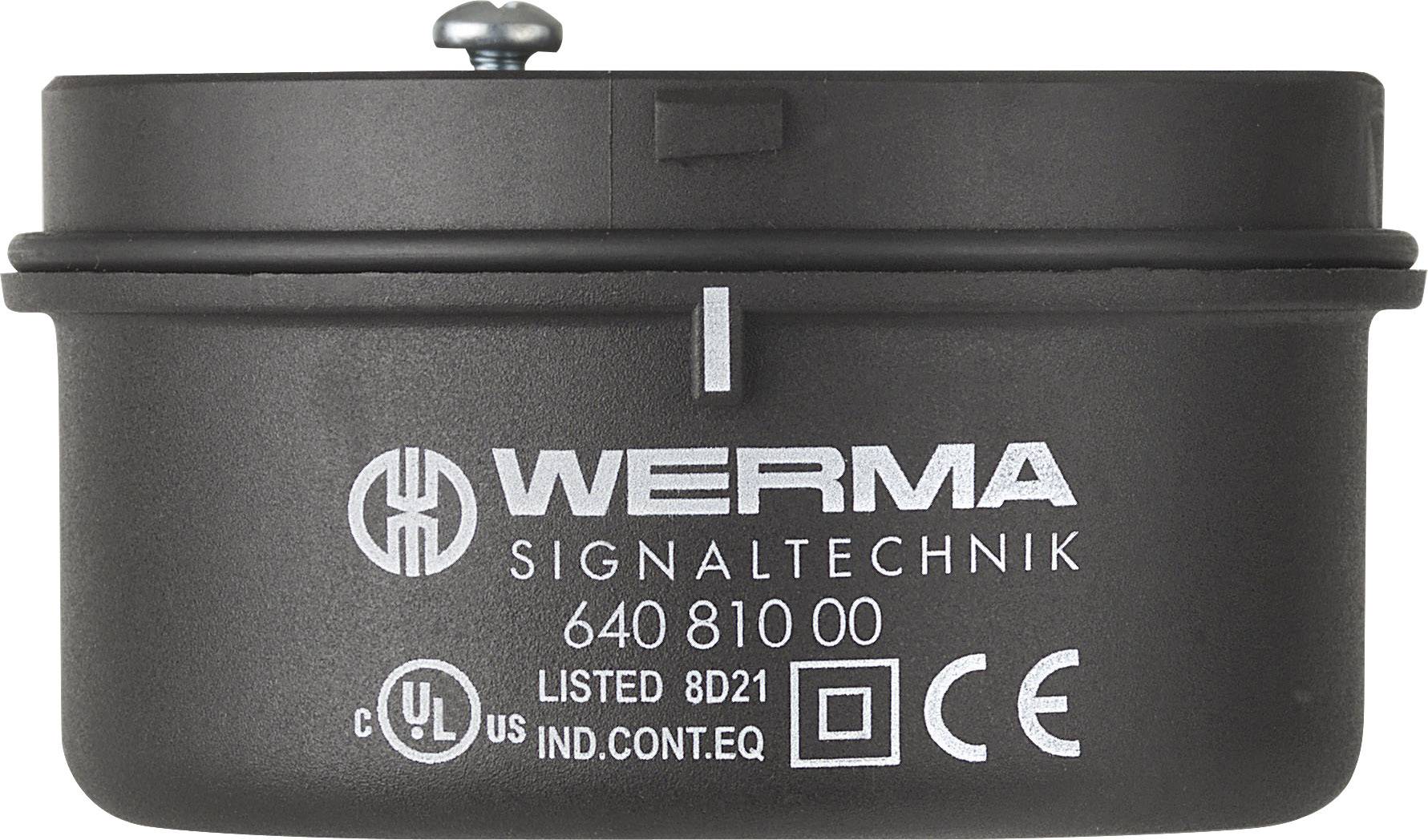 Černý kryt přístroje s nápisem 'WERMA SIGNALTECHNIK', číslo modelu '640 810 00', viditelné certifikace CE a UL.