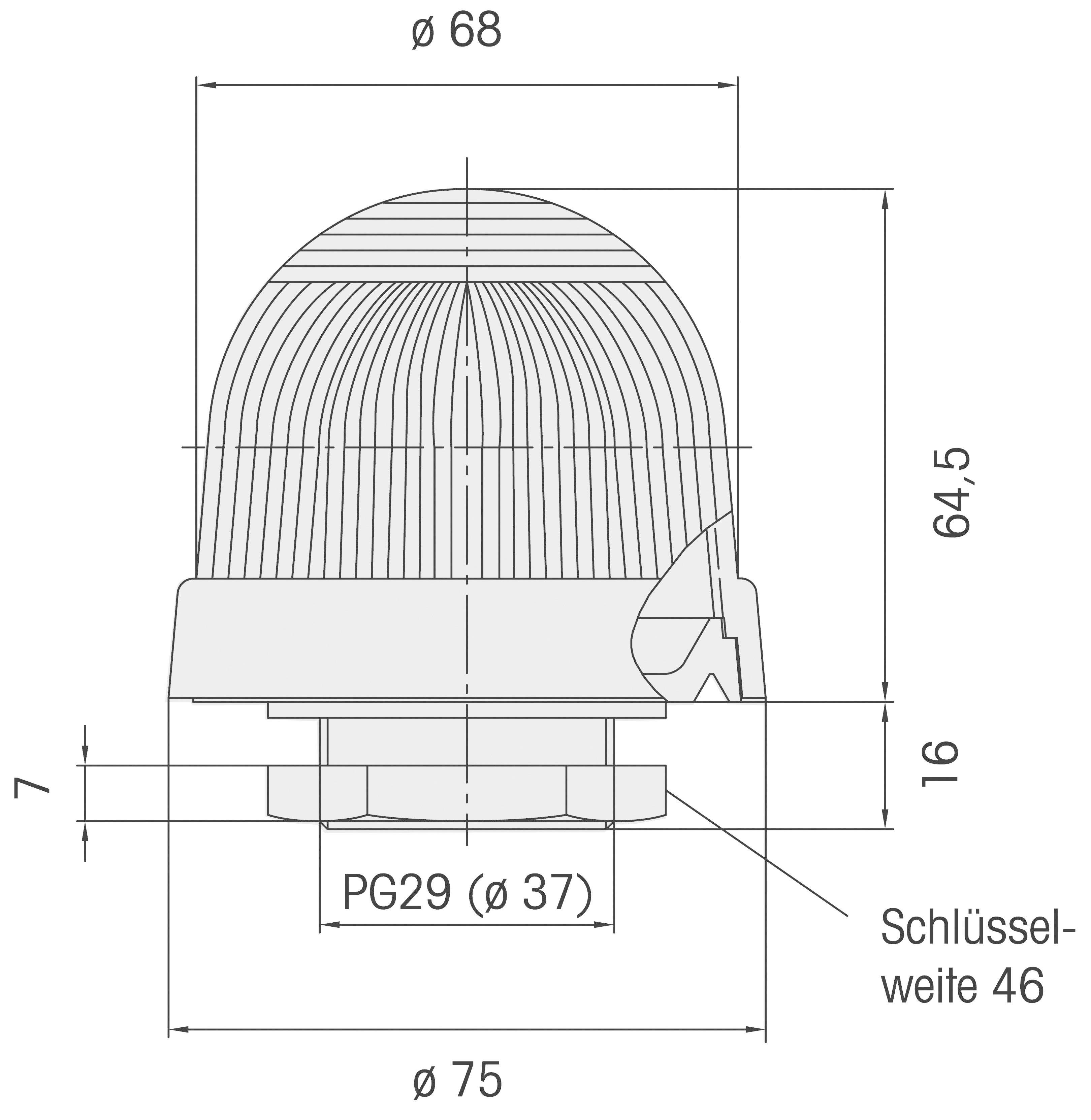 Obrázek ukazuje technický výkres kulaté čepičky s různými rozměry: průměr nahoře 68 mm, základní průměr 75 mm, celková výška 64,5 mm.