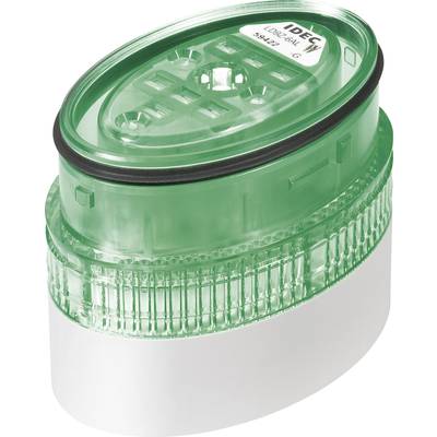 Zelené LED indikační světlo v oválném tvaru s bílou základnou. Často používané pro stroje nebo ovládací panely.
