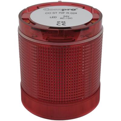 Červené válcové výstražné světlo, označené štítkem 'ComPro CO ST 70F R 024 24V LED AC/DC IP65 CE'.