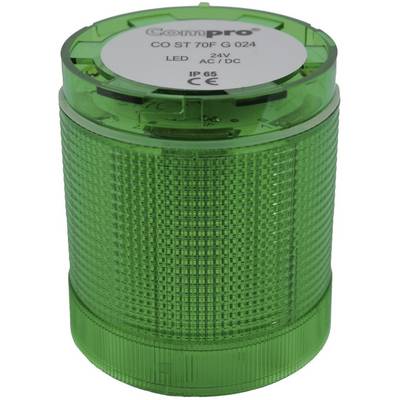 Zelený kulatý LED světelný prvek s nápisem 'ComPro' a technickými specifikacemi jako 24V a stupeň krytí IP65.
