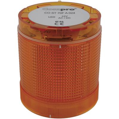 Oranžové LED signální světlo, válcovitého tvaru, pro 24V AC/DC s krytím IP65. Horní strana označena CE značkou.