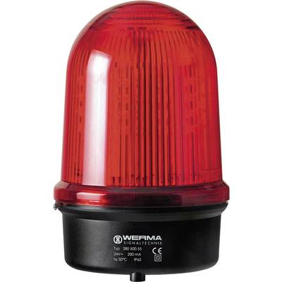 Červená výstražná signálka od WERMA Signaltechnik, typ 280.300.55, vhodná pro 24V a 200mA, stupeň krytí IP65, teplotní rozsah -10 až 50°C.