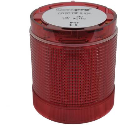 Kulatá červená LED signální svítilna s nápisem: 'ComPro CO ST 70F R 024, 24V, LED, AC/DC, IP65, CE'.