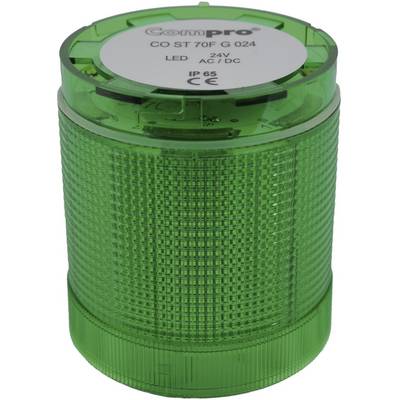 Zelené LED signální zařízení s bílými štítky, zobrazující technické detaily a stupeň krytí IP 65.