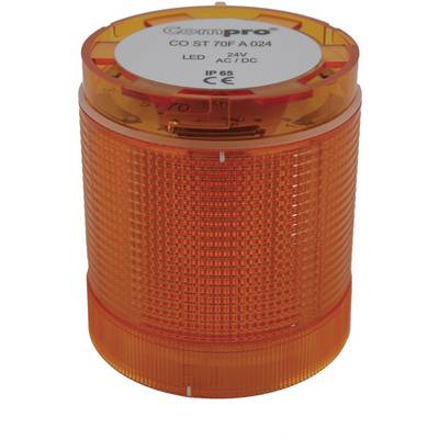 Oranžová LED svítilna s nápisem '24V LED AC/DC' a označením IP65, vhodná pro průmyslové výstražné signály.