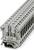 Šedý řadový svorkovnicový modul s několika připojovacími body. Často používaný v rozvaděčích pro propojování elektrických obvodů.