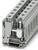 Šedý, modulární řadový svorkovnicový blok s několika připojovacími body, vhodný pro průmyslové elektrické rozvodné systémy.