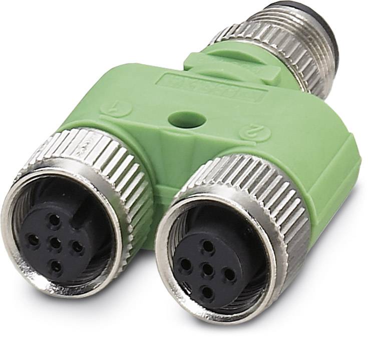 Zelený Y-tvarový M8 rozdělovač se dvěma konektorovými vstupy a jedním zásuvkovým výstupem pro distribuci signálů nebo elektrického proudu.