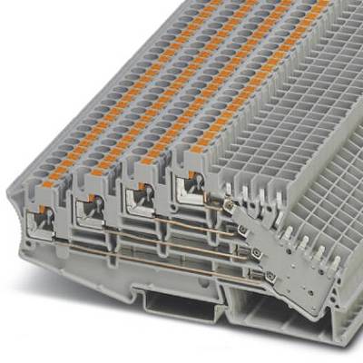 Šedý řadový svorkovnicový modul s několika oddělenými připojovacími místy. Vhodný pro elektrické zapojení v rozvaděčích.