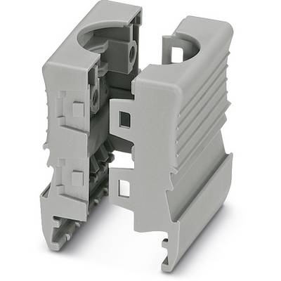 Šedý plastový díl, pravděpodobně elektronický kryt nebo spojovací prvek s dutinami a upevňovacími body.