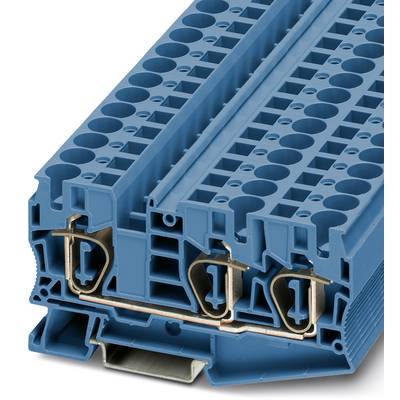 Modrý elektrický řadový svorkovnicový blok s několika svorkami a kovovými propojovacími prvky, boční pohled.